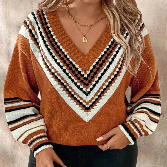 Orange Casual Women's Plus Size Knitted Loose Colorblock V-Neck Pullover Sweater - Picture 3 of 8